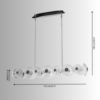 Technical drawing of the Modernus Linear chandelier showing length, height, suspension details, and arrangement of glass.