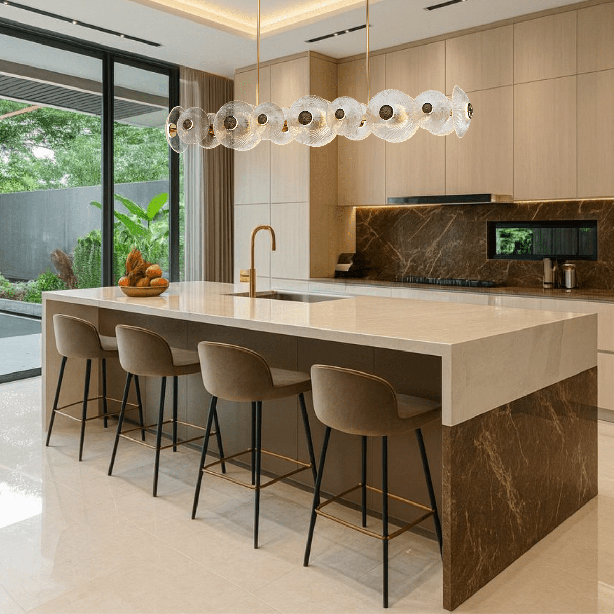 Modernus Linear chandelier installed above a luxury kitchen island with marble finishes, warm lighting.