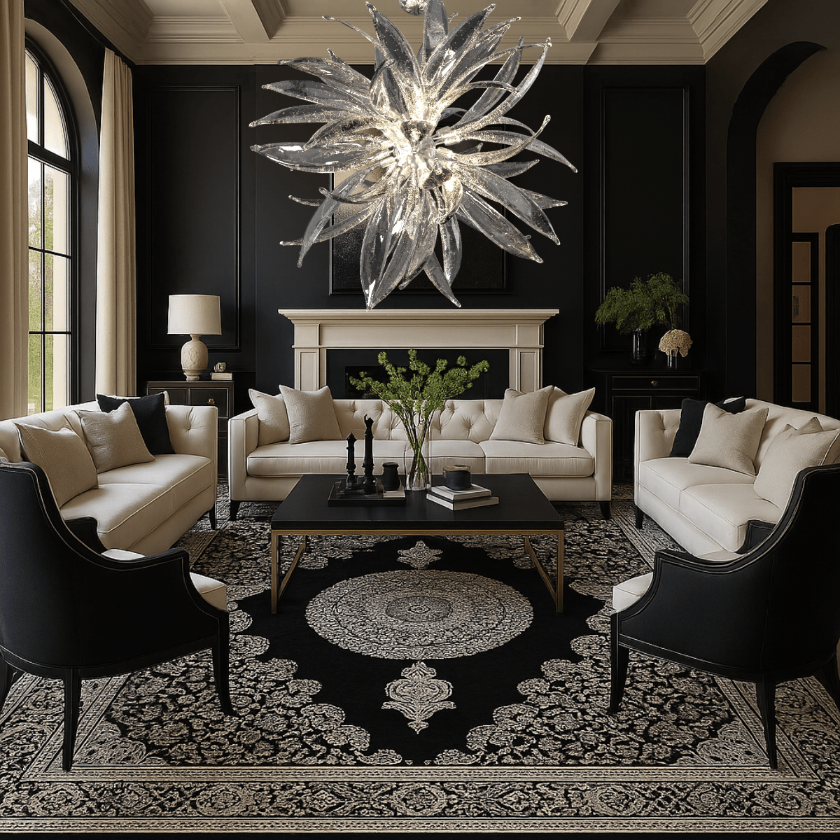 Helios sunburst chandelier installed in a luxury living room with neutral seating and elegant black-and-white décor.