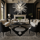 Helios sunburst chandelier installed in a luxury living room with neutral seating and elegant black-and-white décor.