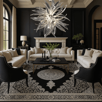 Helios sunburst chandelier installed in a luxury living room with neutral seating and elegant black-and-white décor.