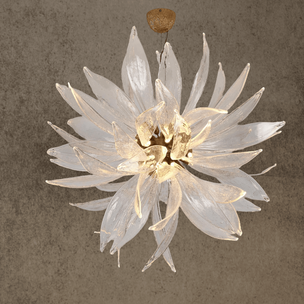Murano-style glass sunburst chandelier with sculptural radial design crafted from copper and handcrafted glass elements