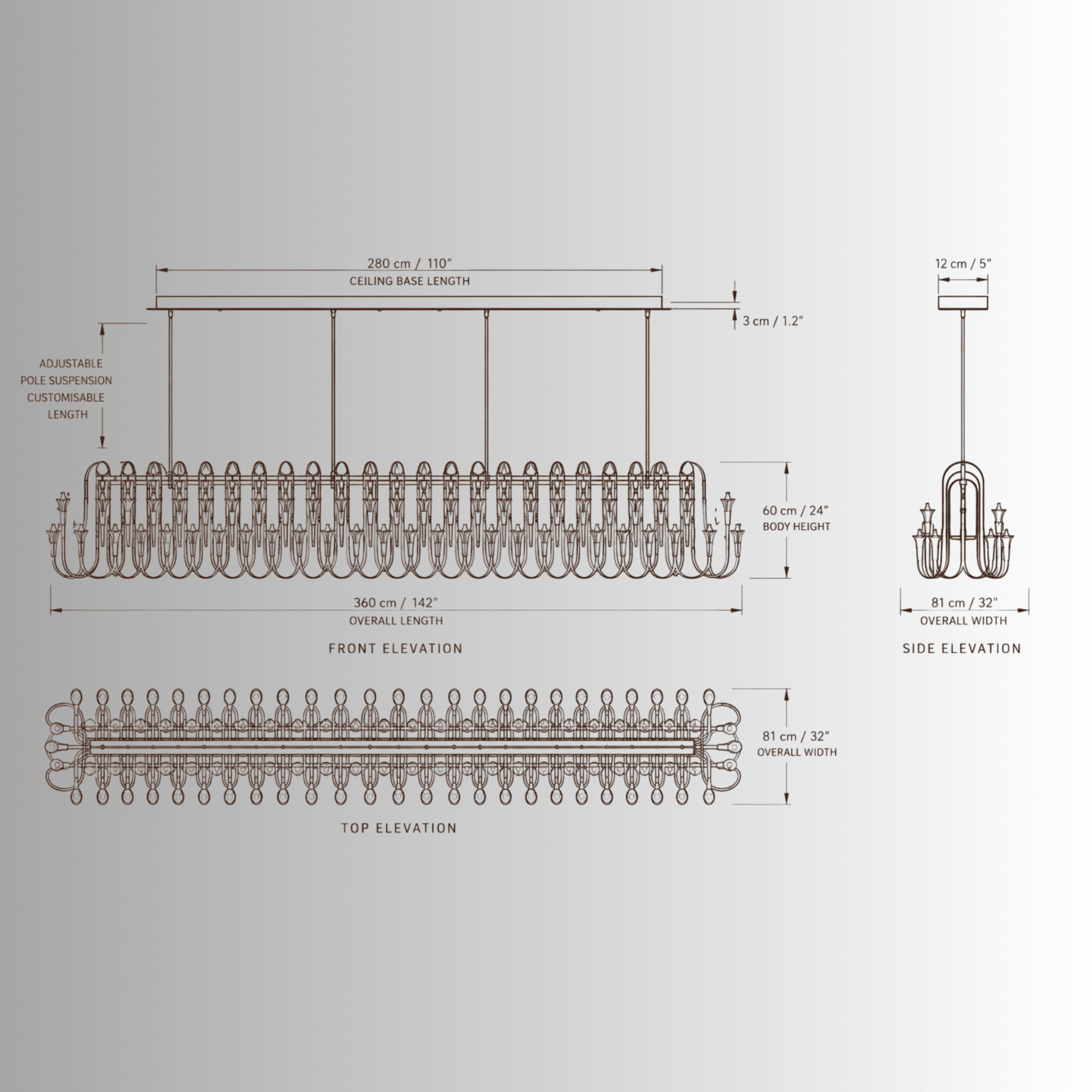 Hyperion Lumina luxury linear chandelier CAD drawing with front, top and side elevations and dimensions