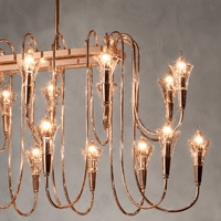 Close-up of the Hyperion Lumina rose gold linear chandelier with sculptural crystal candle-style lights