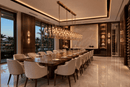 Hyperion Lumina luxury linear chandelier above a grand dining table in a modern West Palm Beach residence