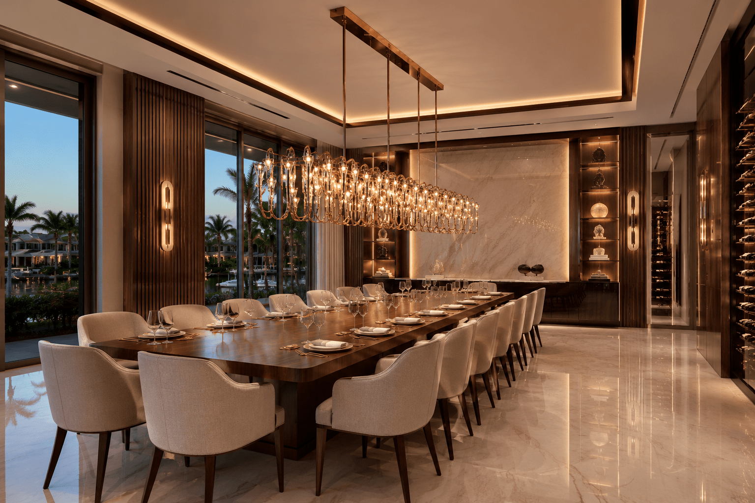 Hyperion Lumina luxury linear chandelier above a grand dining table in a modern West Palm Beach residence