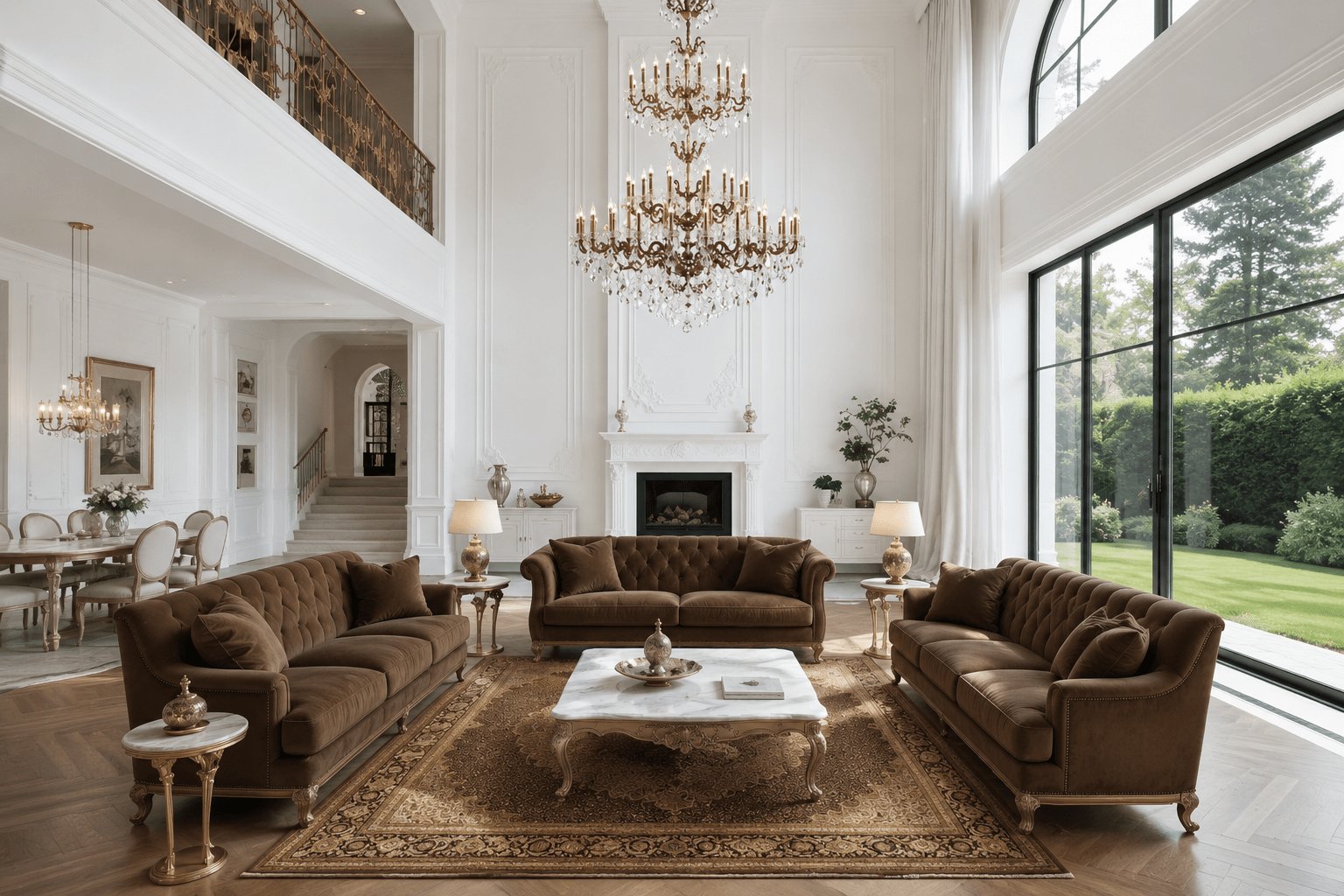 Imperial Grace Éclat crystal chandelier in a luxury Los Angeles living room with white walls and brown sofas