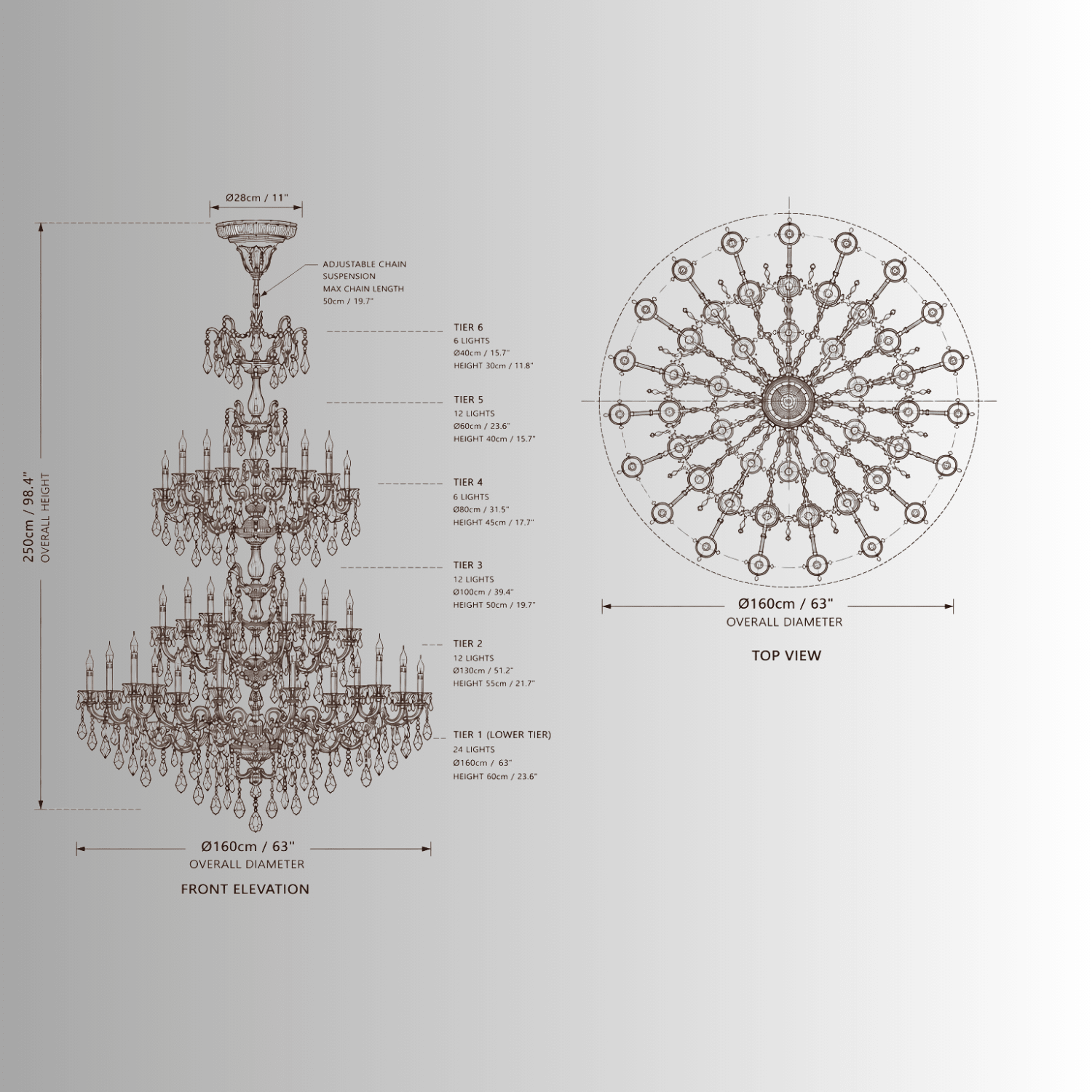 CAD drawing of Imperial Grace Éclat chandelier shown dia 160 cm (63") and 250 cm(98") height, displaying multi-tier structure.