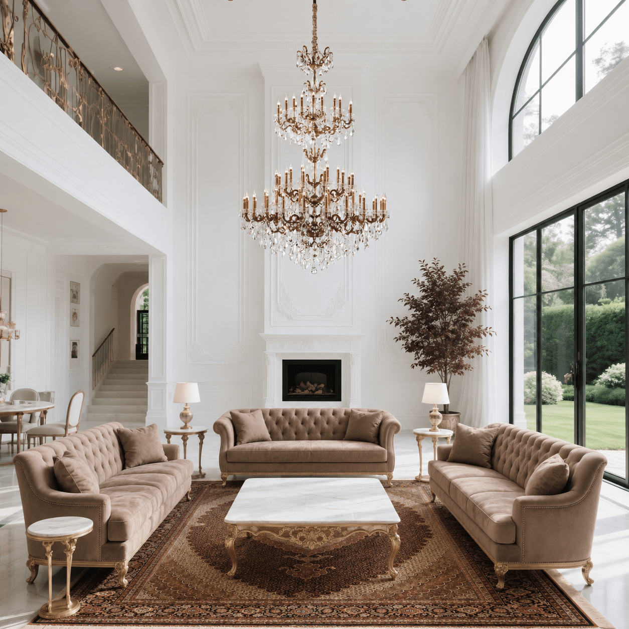 Imperial Grace Éclat chandelier installed in a luxury living room with tall ceilings, showcasing its grand crystal design.