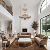 Imperial Grace Éclat chandelier installed in a luxury living room with tall ceilings, showcasing its grand crystal design.