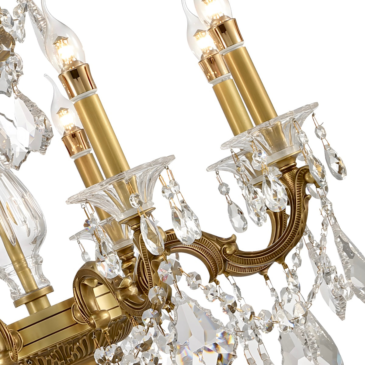 Close-up view of the Imperial Grace Éclat chandelier by HDLS Lighting, featuring bronze-plated copper arms and cascading Asfour crystals with candle-style LED bulbs.