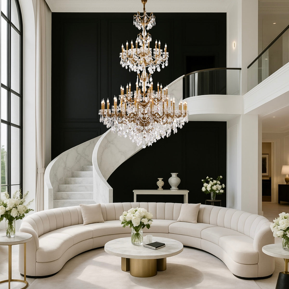 Imperial Grace Éclat chandelier by HDLS Lighting illuminating a grand foyer with marble staircase, black feature wall, and modern luxury seating in soft ivory tones.