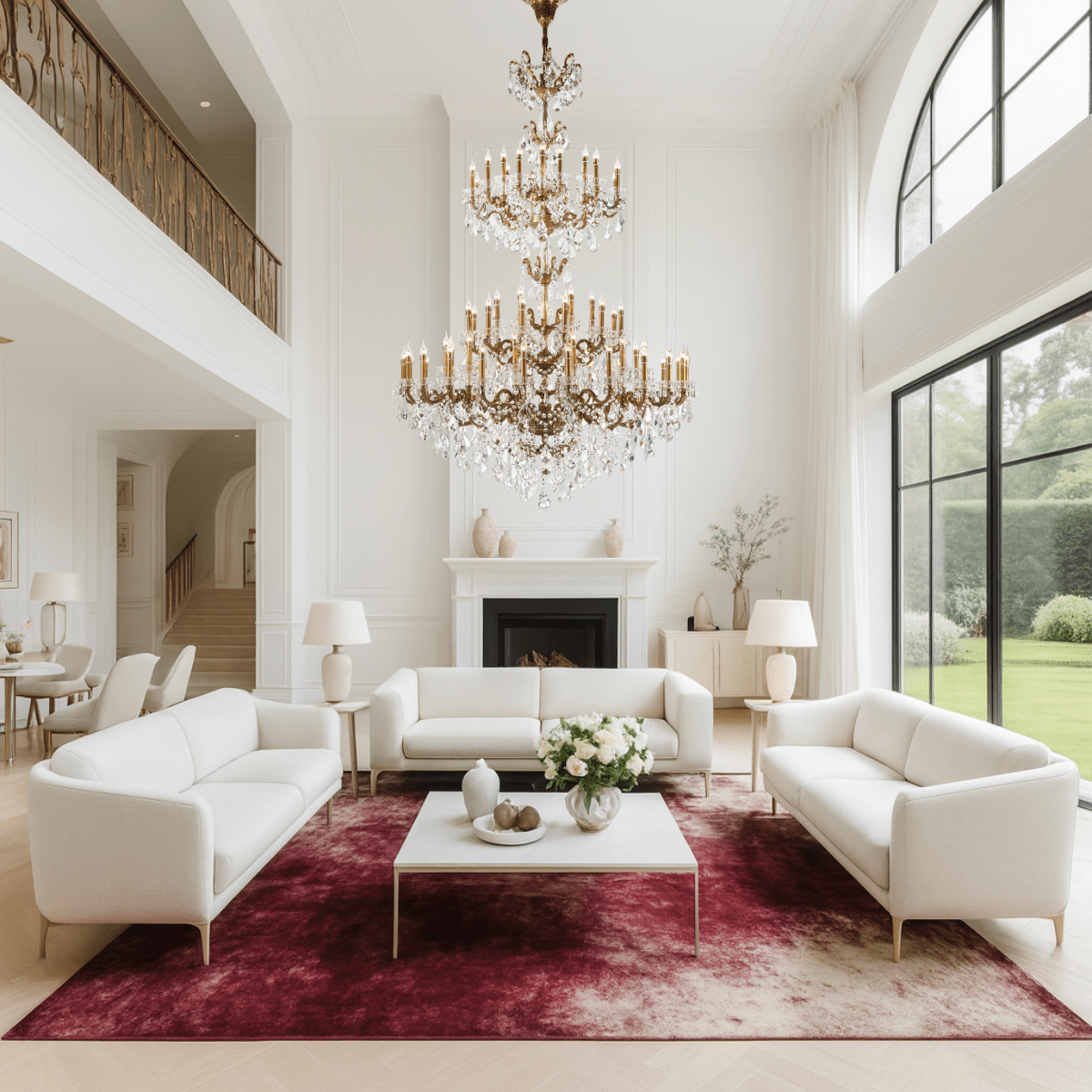 Imperial Grace Éclat chandelier installed in a luxury living room with tall ceilings, showcasing its grand crystal design.