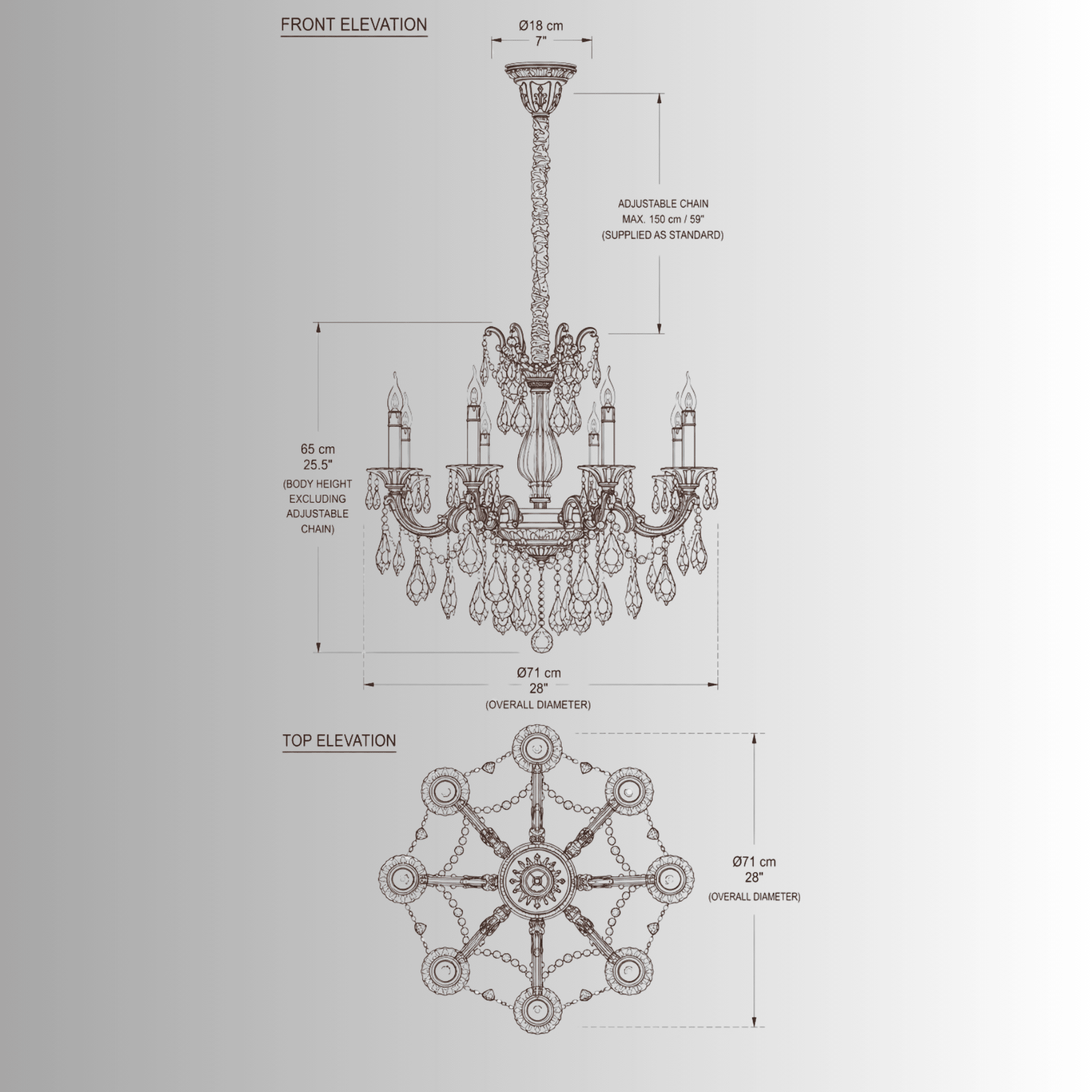 CAD top and front drawing of the Imperial Grace Petite chandelier by HDLS Lighting
