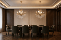Two Imperial Grace Petite 8-light crystal chandeliers above a luxury formal dining table.