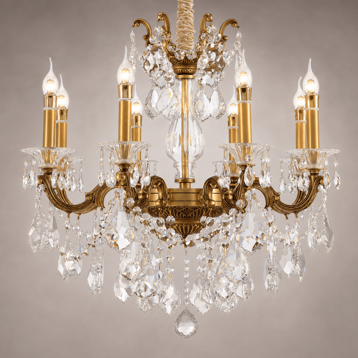 Close-up of Imperial Grace Petite 8-light crystal chandelier in bronze-plated copper.