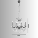 A classic crystal chandelier showing the dimensions of the chandelier on a gray background