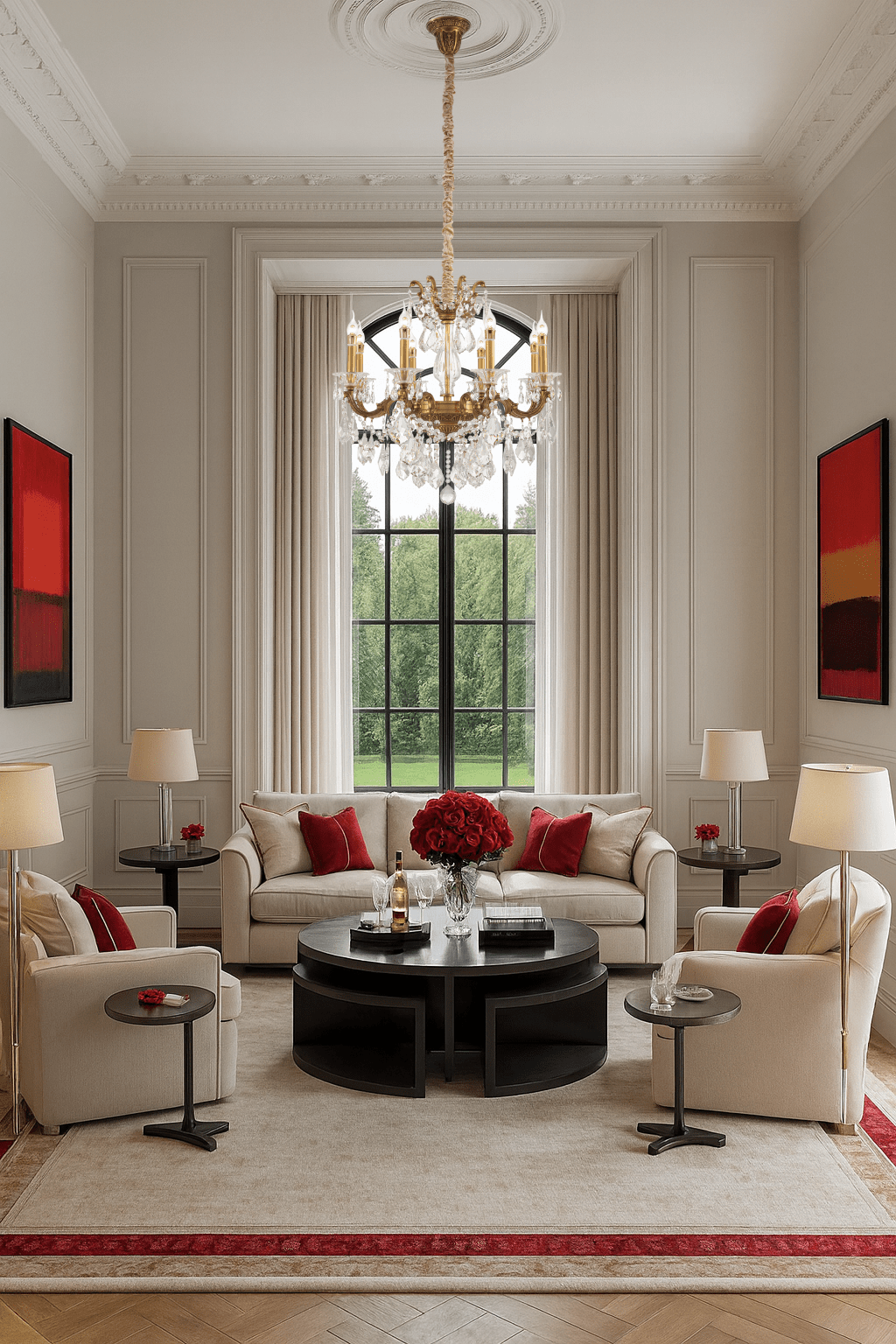 Petite chandelier hanging in an elegant sitting room with tall windows and red accents.