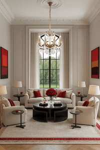 Petite chandelier hanging in an elegant sitting room with tall windows and red accents.