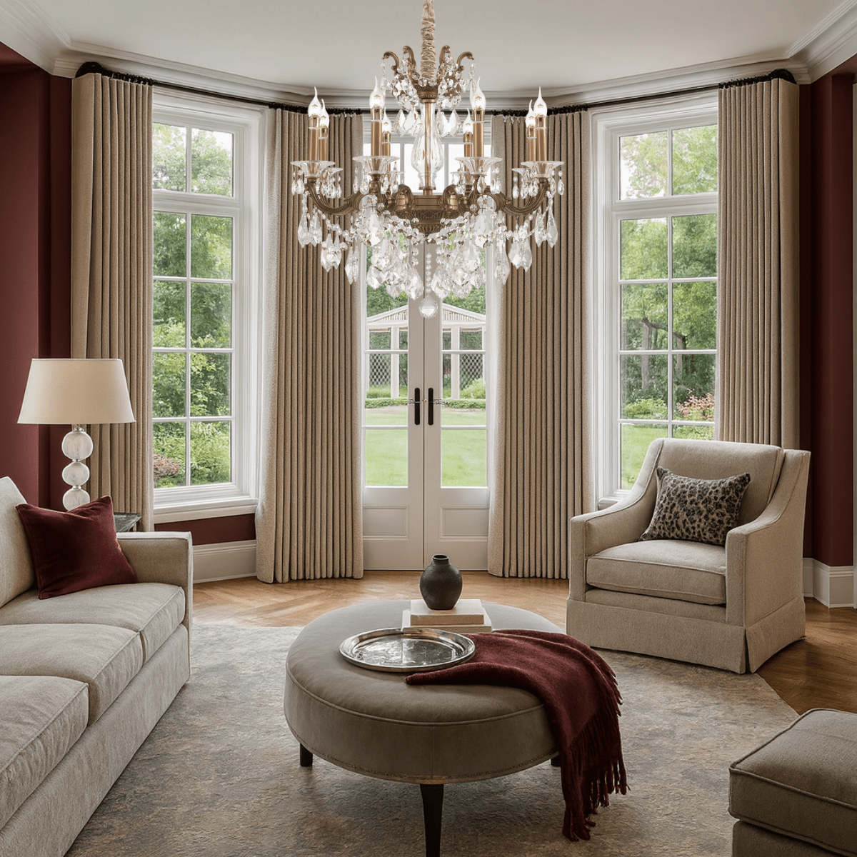 Petite chandelier installed in a classic living room with large windows and drapery.