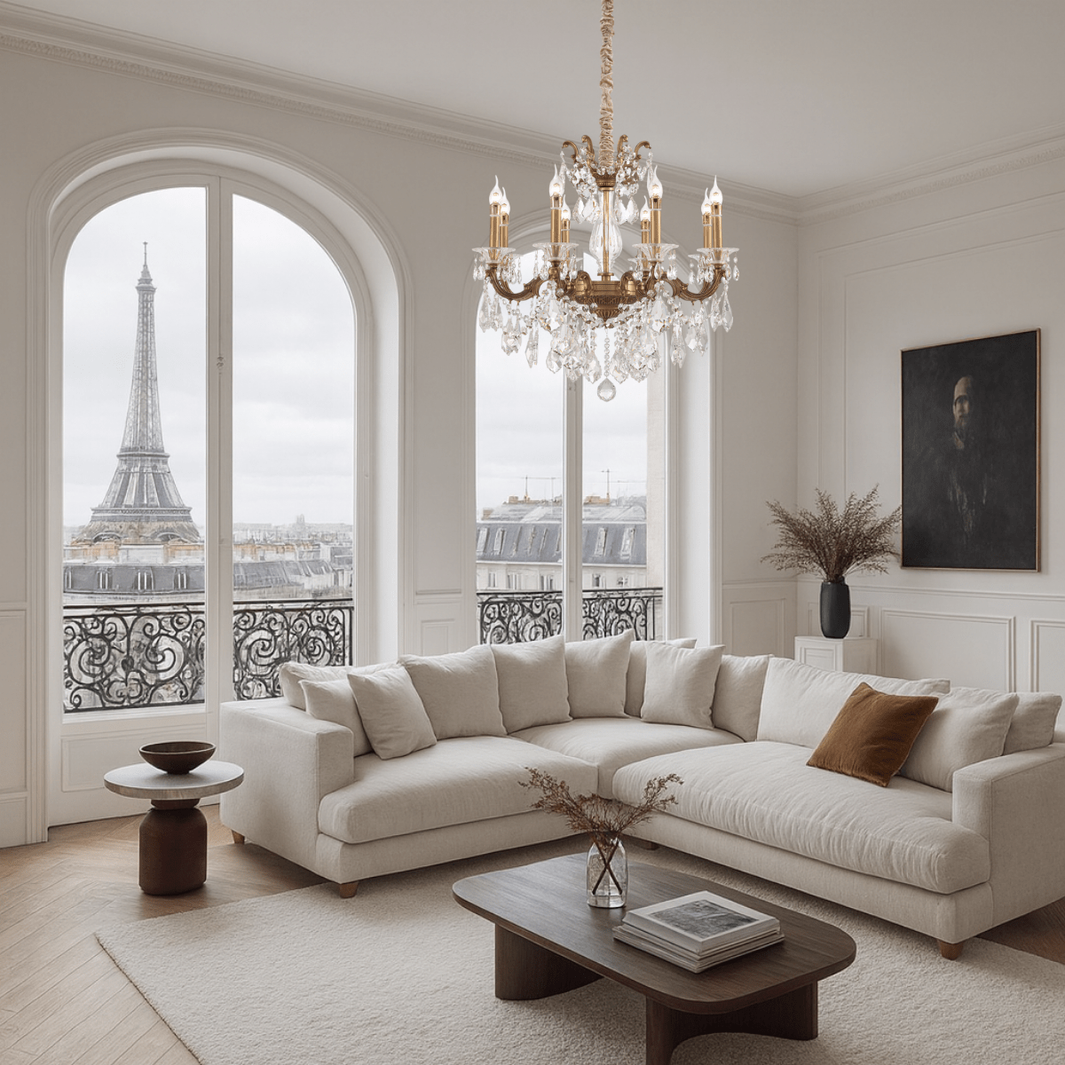 Petite chandelier in a bright Parisian-style living room overlooking the Eiffel Tower.