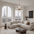 Petite chandelier in a bright Parisian-style living room overlooking the Eiffel Tower.
