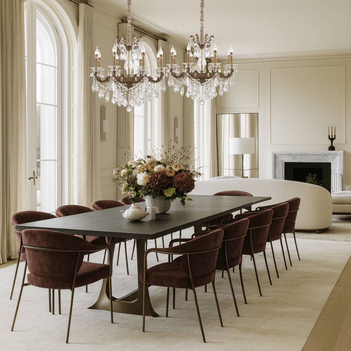 Two Petite chandeliers installed in a refined dining room with long table and tall windows.