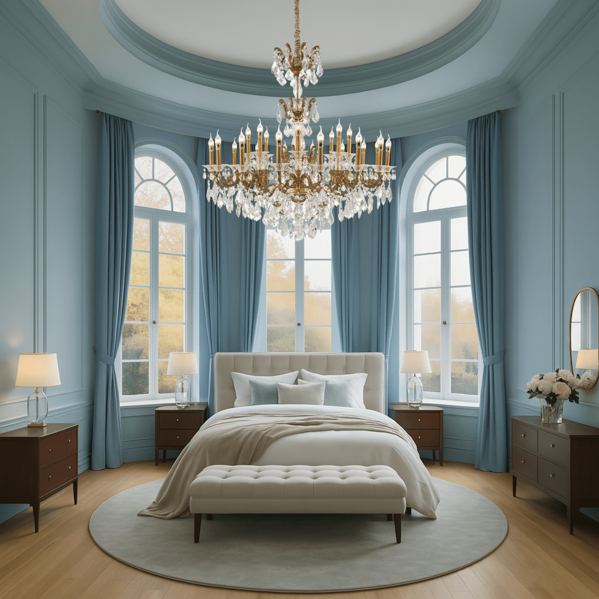 Regina chandelier hanging in a luxury bedroom with tall arched windows.