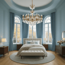 Regina chandelier hanging in a luxury bedroom with tall arched windows.