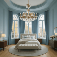 Regina chandelier hanging in a luxury bedroom with tall arched windows.