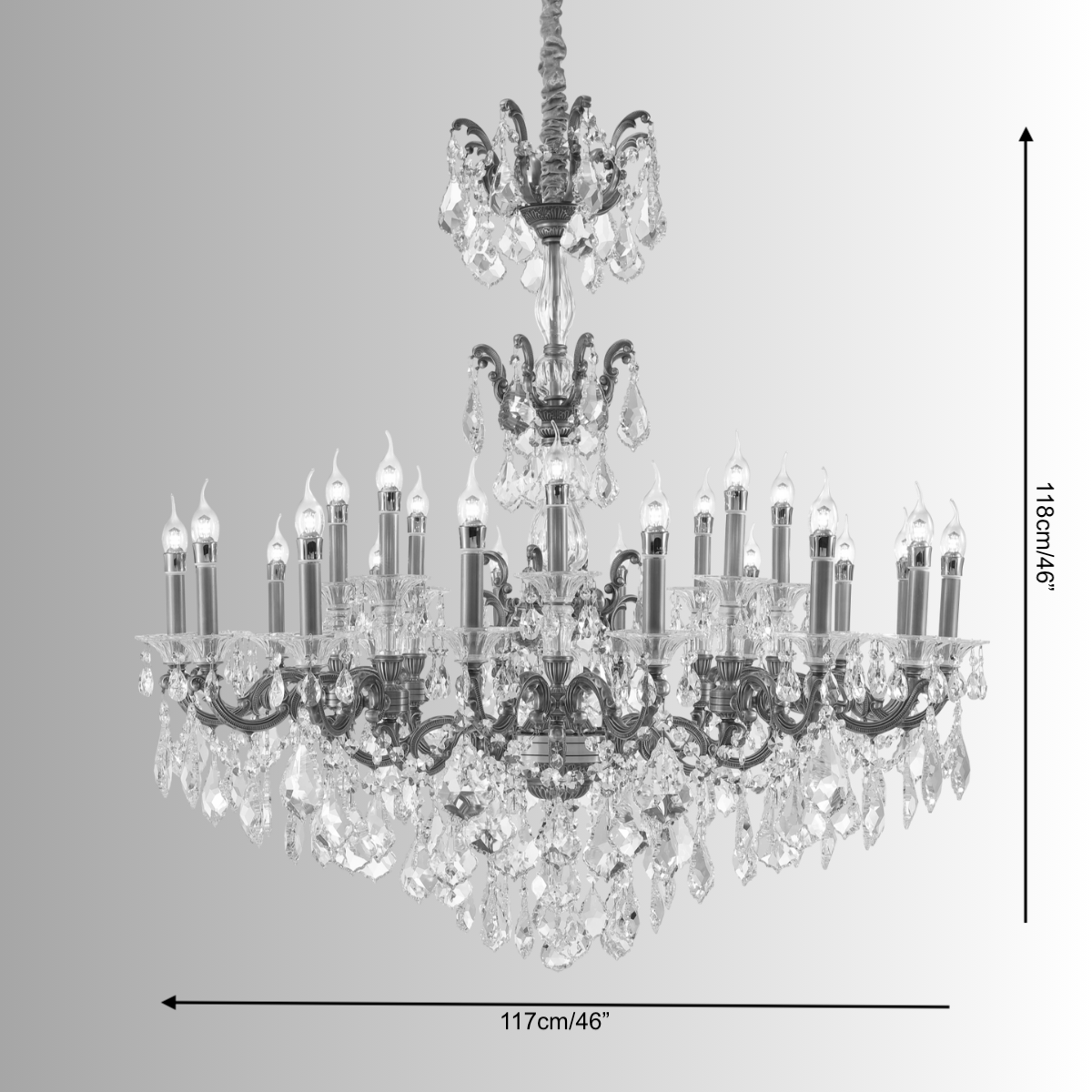 Regina chandelier shown with 117 cm (46") width and 118 cm (46") height measurements.