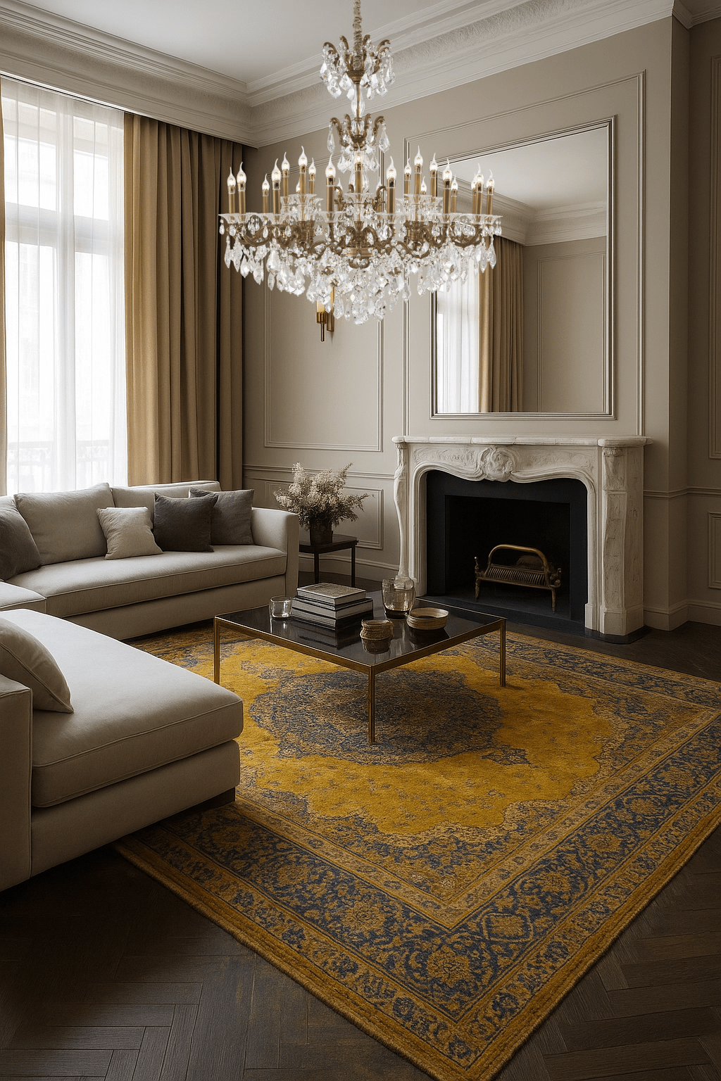 Regina chandelier installed in a luxury living room with classic French interior design.