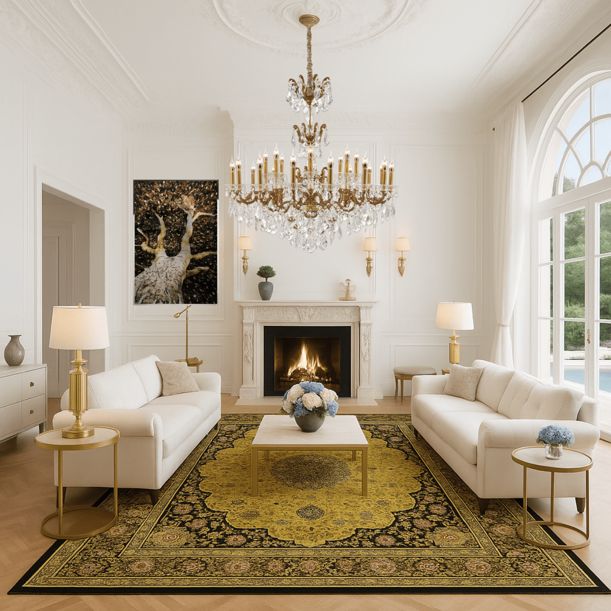 Regina chandelier in an elegant living room with fireplace and classical décor.