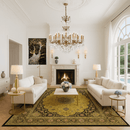 Regina chandelier in an elegant living room with fireplace and classical décor.