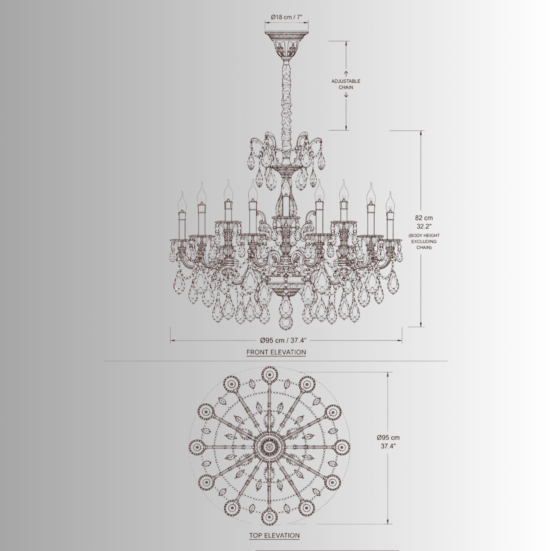 CAD drawing of the Imperial Grace Shine chandelier by HDLS Lighting, front and top view