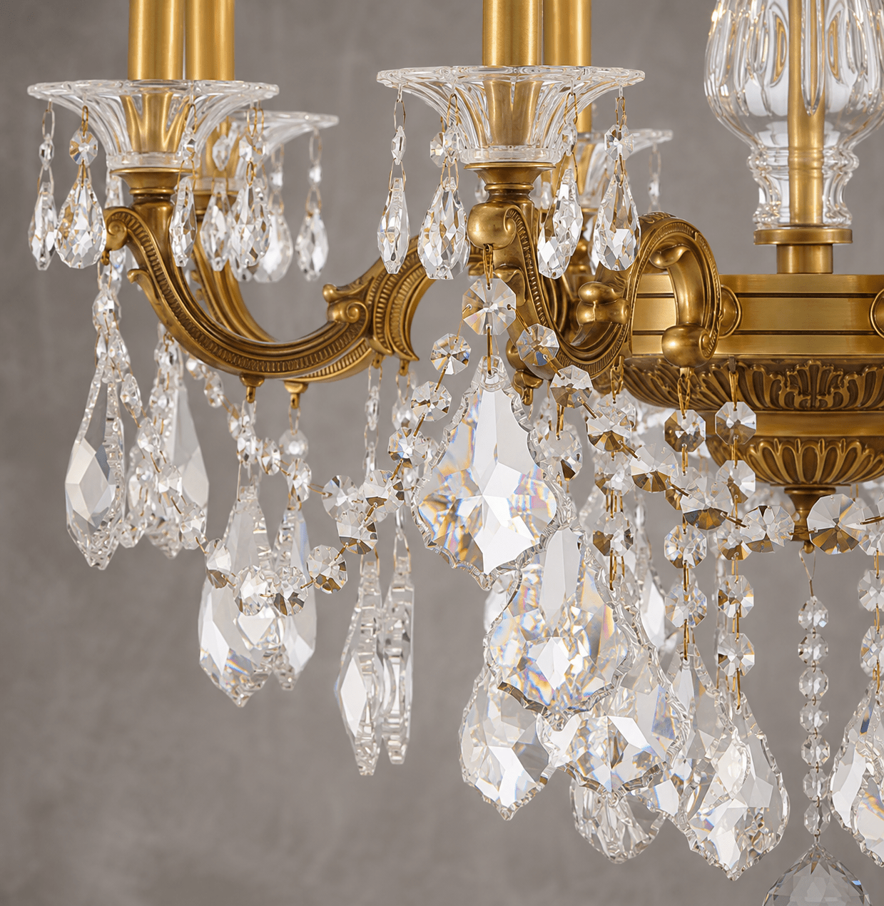 Close-up of Imperial Grace Shine chandelier by HDLS Lighting showing bronze arms and Asfour crystal drops.