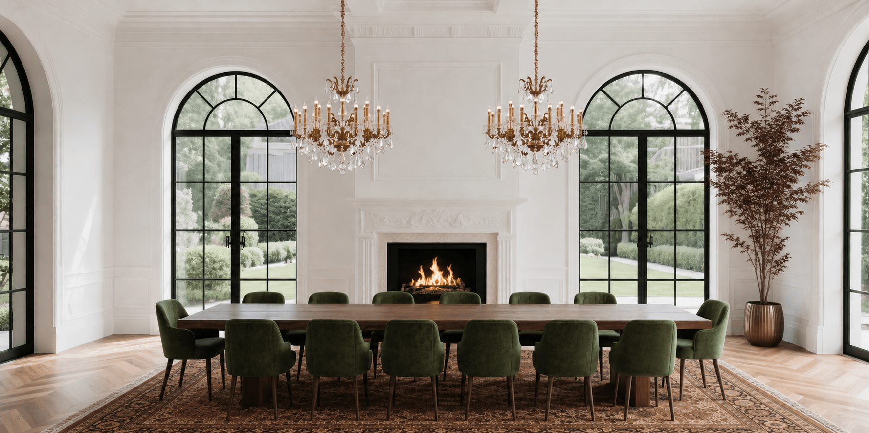 Two Shine chandeliers installed in a grand dining room with tall arched windows.