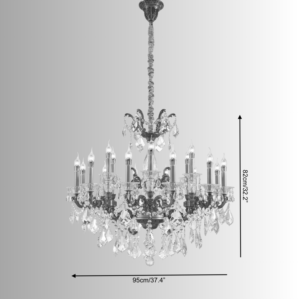 Shine chandelier shown with 95 cm (37.4") width and 82 cm(32.2") height measurements.