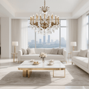 Shine chandelier installed in a bright modern living room with large windows.