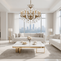 Shine chandelier installed in a bright modern living room with large windows.