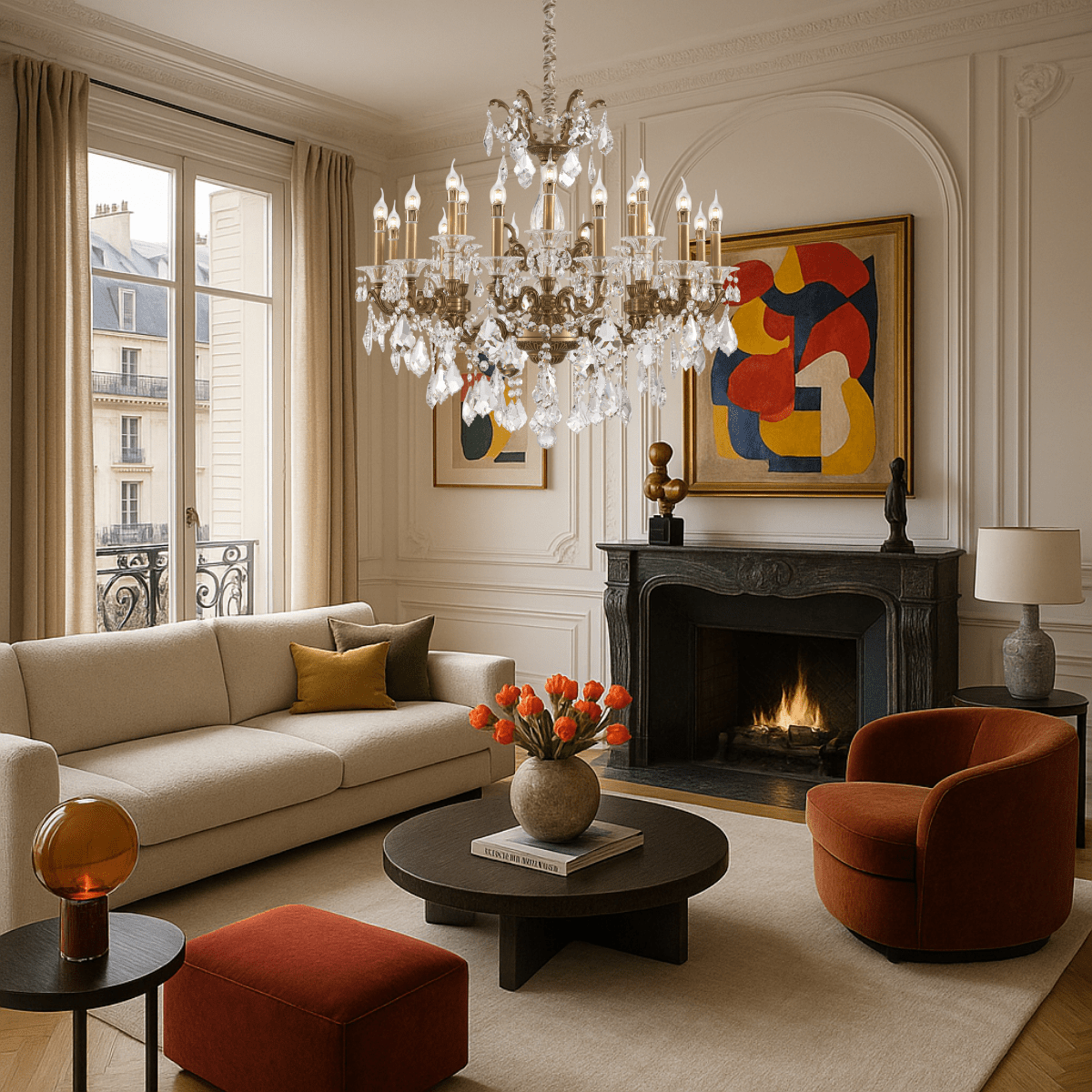 Shine chandelier in an elegant Parisian-style living room with fireplace.