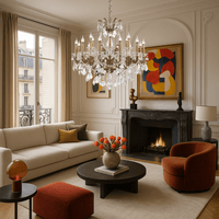 Shine chandelier in an elegant Parisian-style living room with fireplace.