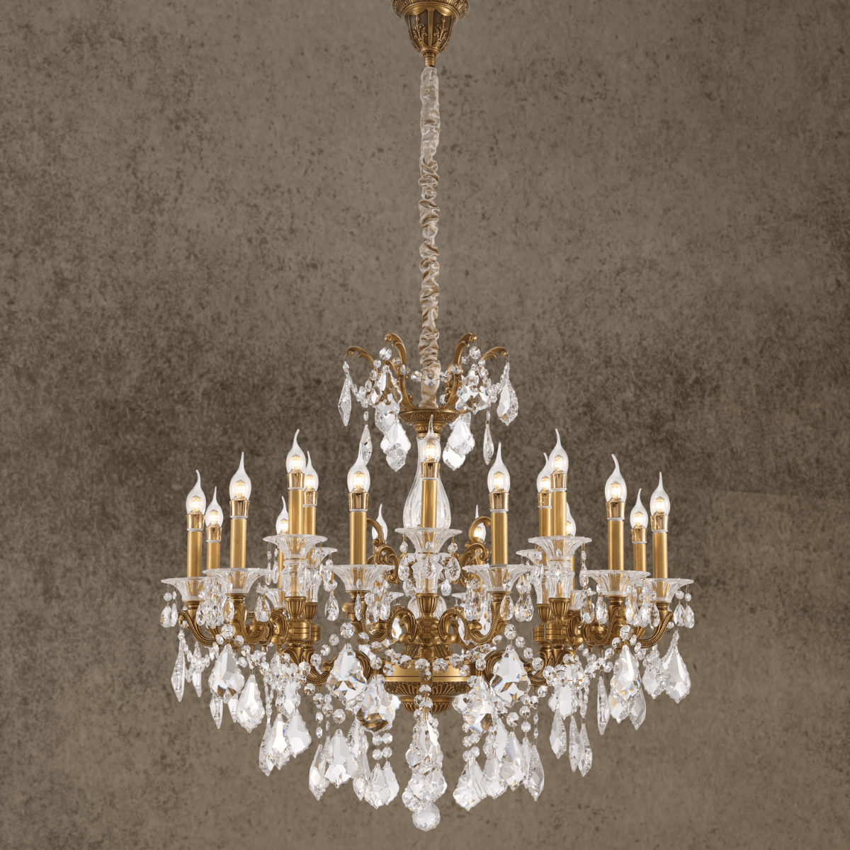 Imperial Grace Shine crystal chandelier with compact tiered profile in bronze-plated copper and Asfour crystal
