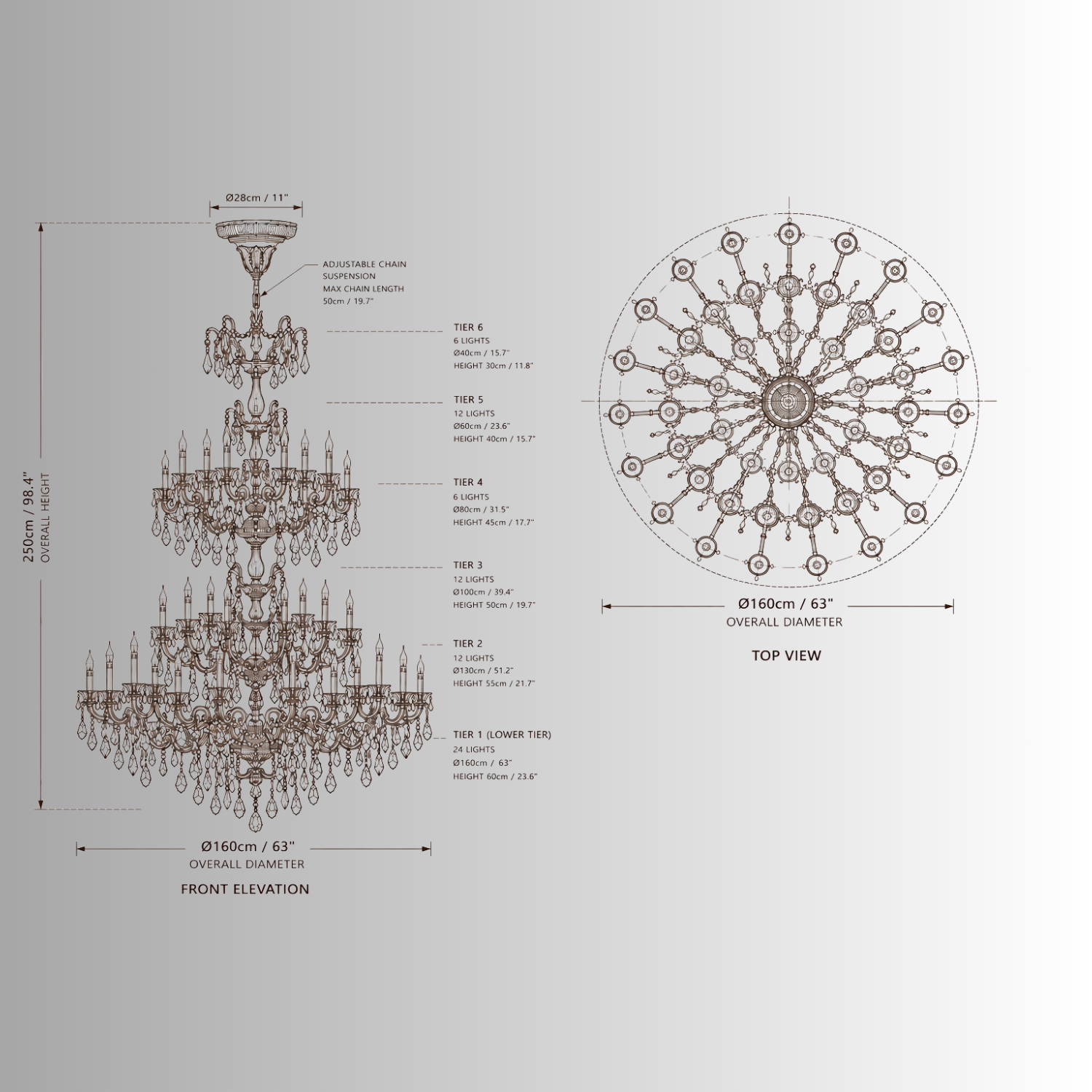 CAD drawing of Imperial Grace Éclat chandelier shown dia 160 cm (63") and 250 cm(98") height, displaying multi-tier structure.