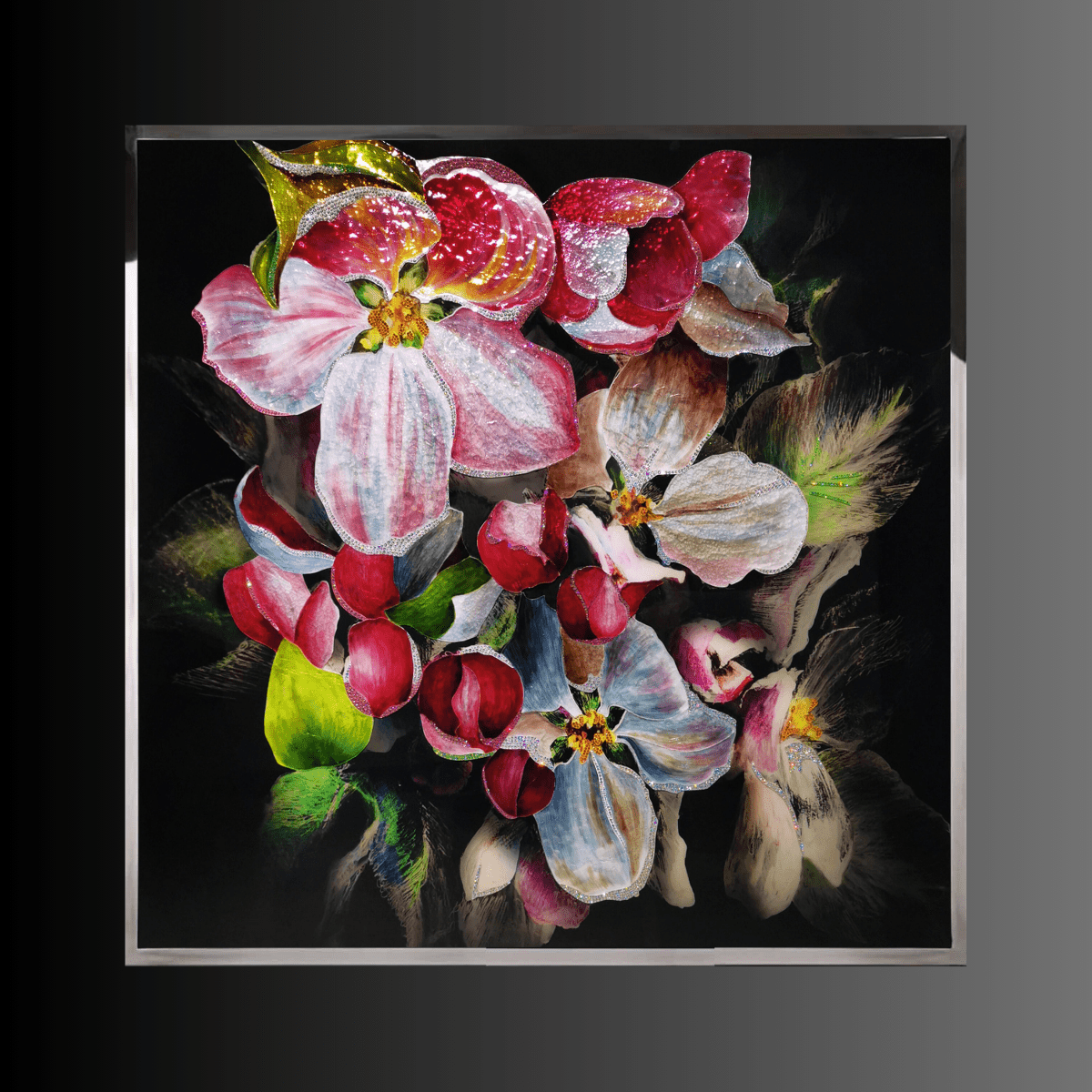 June limited-edition Swarovski crystal floral wall sculpture by HDLS House with stainless steel frame