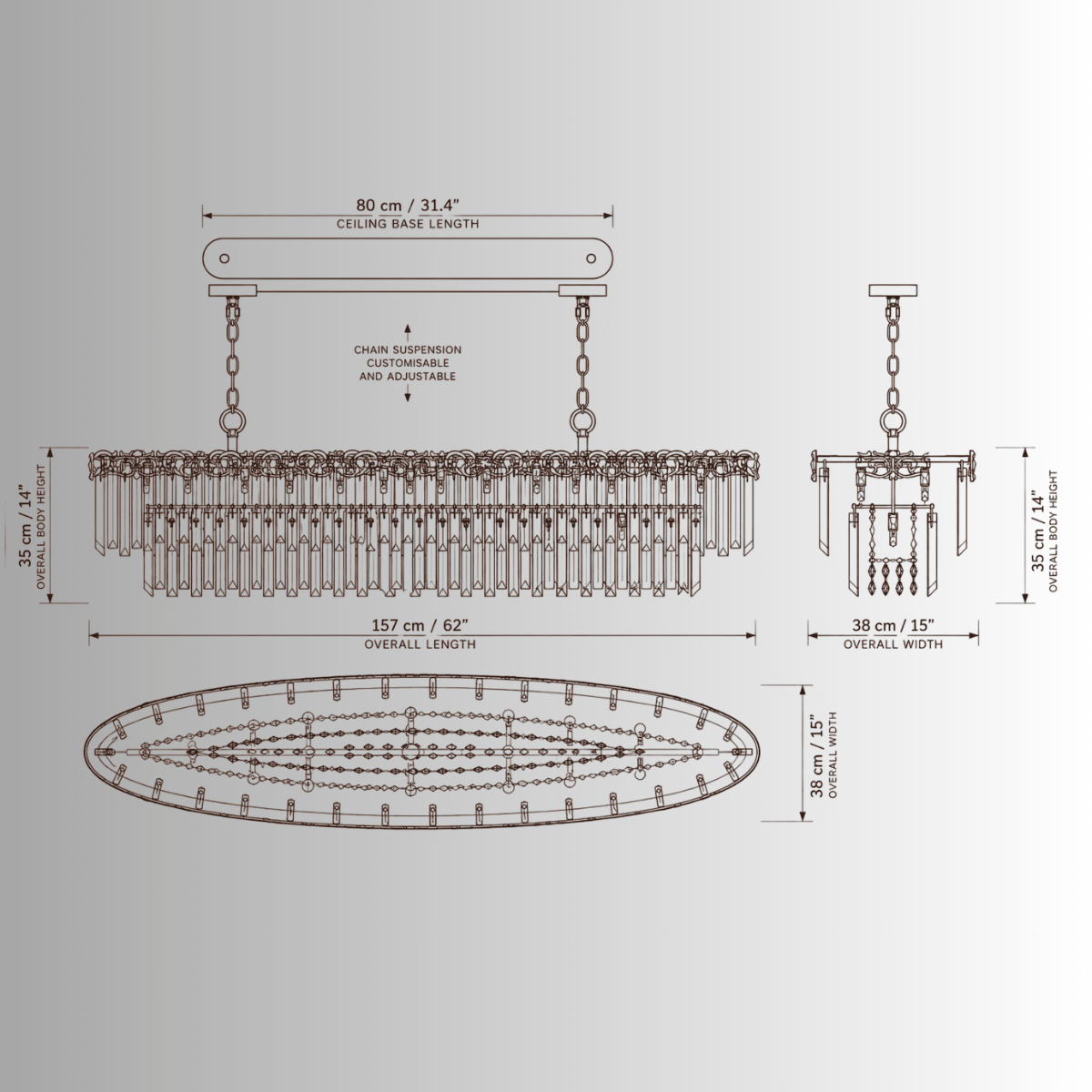 CAD drawing of La Scala Crystal Barone luxury Italian dining room chandelier with dimensions by HDLS Lighting