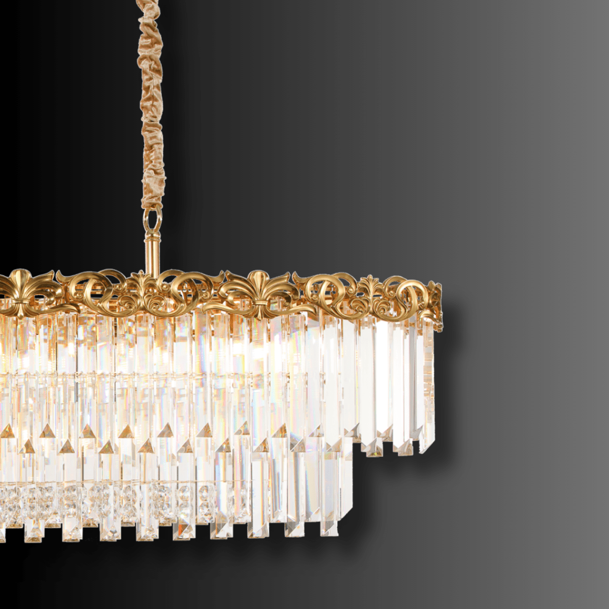Close-up of the La Scala Crystal Barone chandelier showing gold-plated copper detailing and hand-cut crystal prisms.