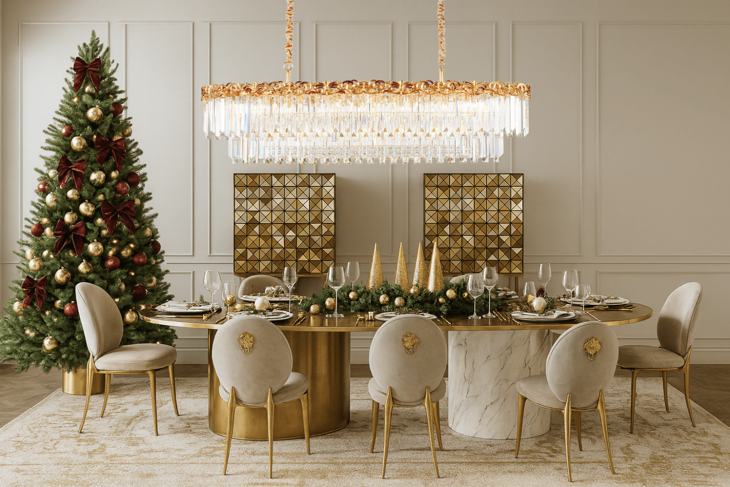 Luxury dining room with La Scala Crystal Barone chandelier by HDLS Lighting Ltd, styled for Christmas with gold décor.