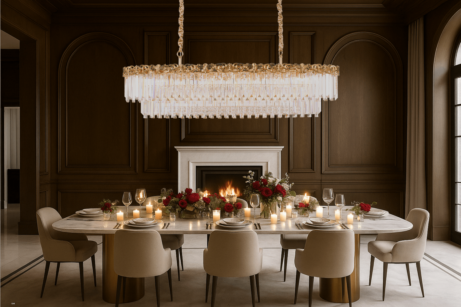Dining room scene featuring the La Scala Crystal Barone chandelier above a marble table with candles by HDLS Lighting Ltd.