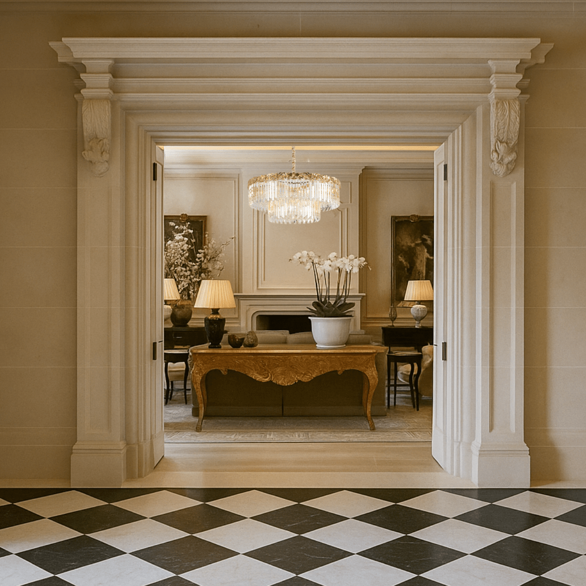 La Scala Crystal Conte chandelier in a luxury foyer, highlighting its Italian-inspired craftsmanship.